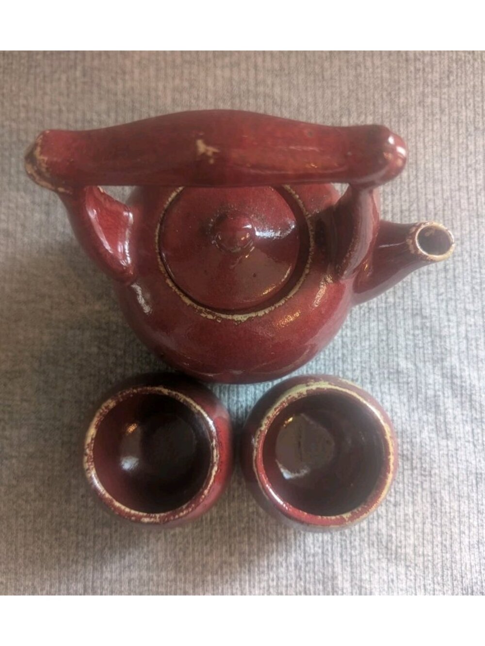 Salt Glazed Red Handled Ceramic Teapot with Two Cups, Signed, EUC - Picture 2 of 5